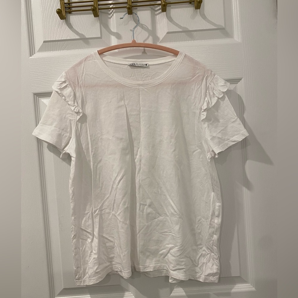ZARA ruffle short sleeve tee white size large